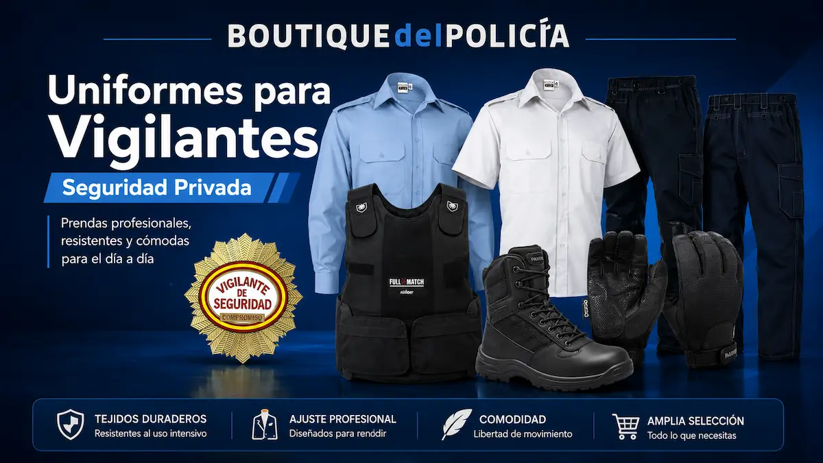 Uniformes seguridad privada para vigilantes: camisa, pantalón, chaleco y calzado profesional. Equipamiento para empresas de vigilantes de seguridad privada con botas, guantes, cinturón y chalecos, ideal para empresas de seguridad que buscan vestuario profesional resistente.