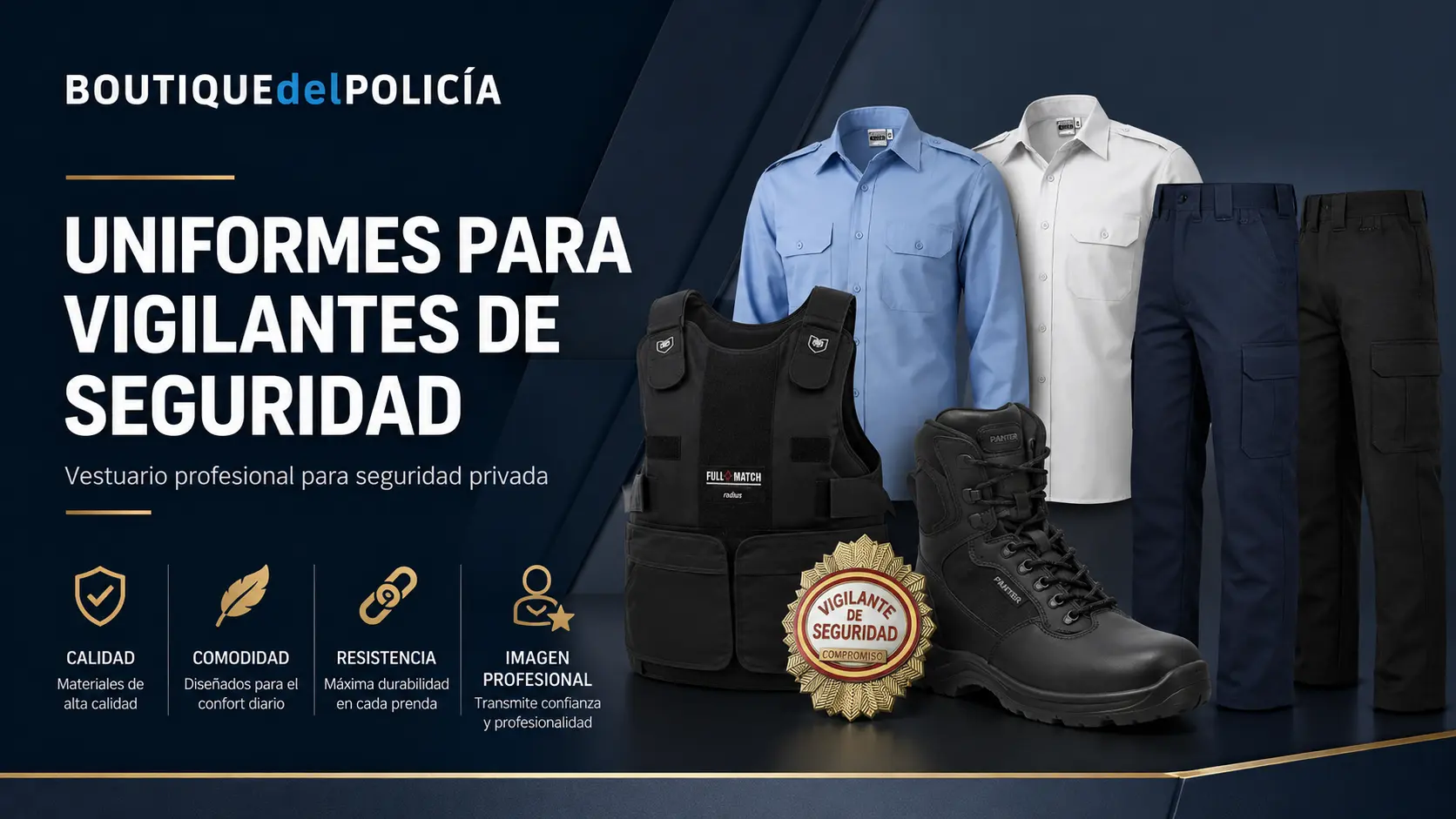 Ropa de trabajo para vigilante de seguridad con camisas, polos, pantalones y prendas de alta visibilidad, diseñadas para la comodidad durante largas jornadas de vigilancia.